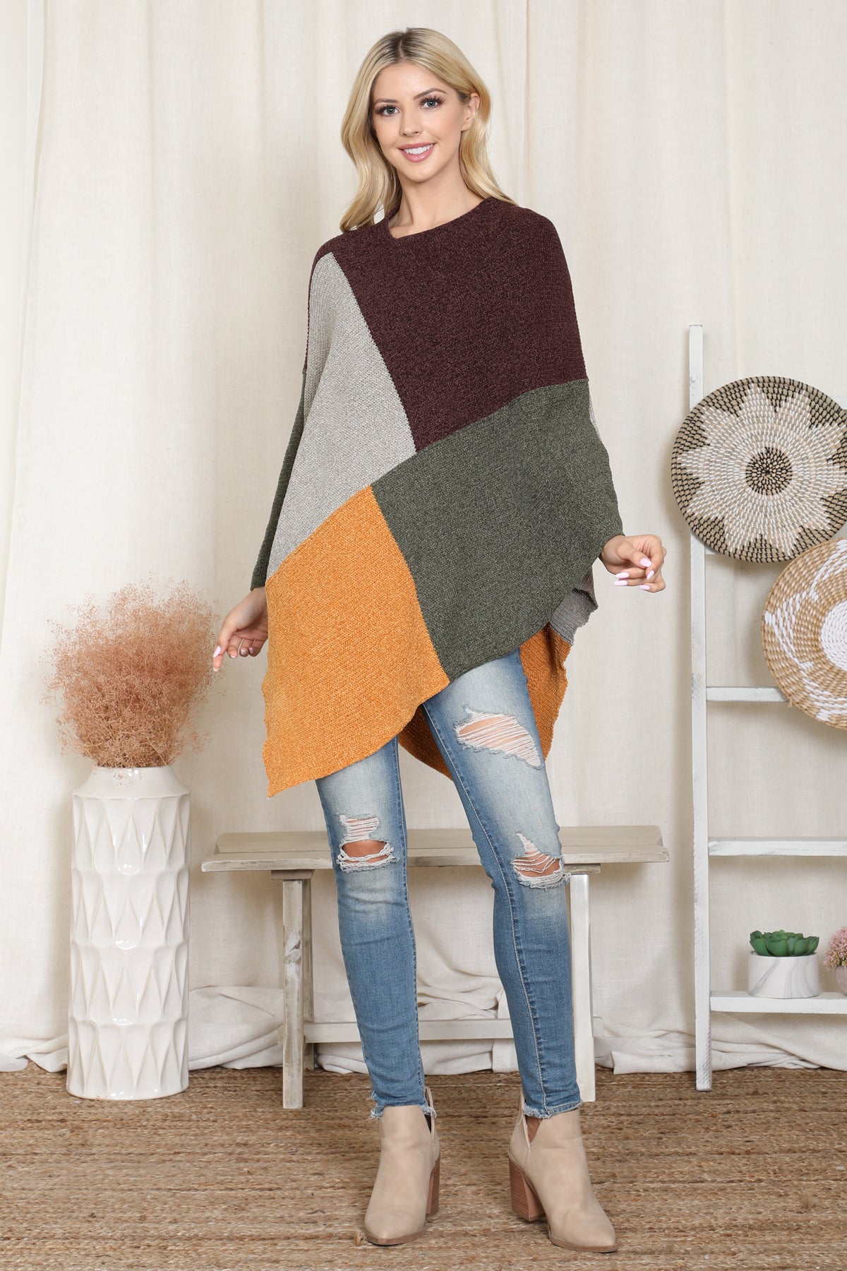 Knitted Geometric Square Multicolor Poncho
