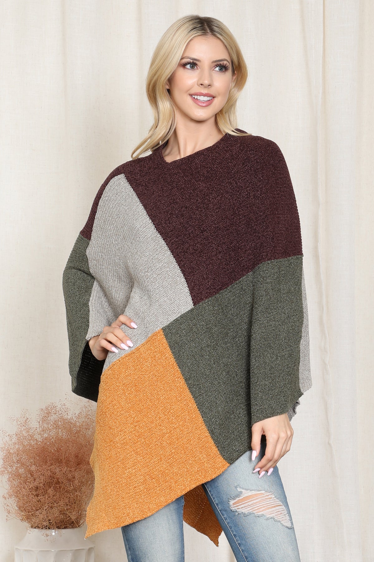 Knitted Geometric Square Multicolor Poncho