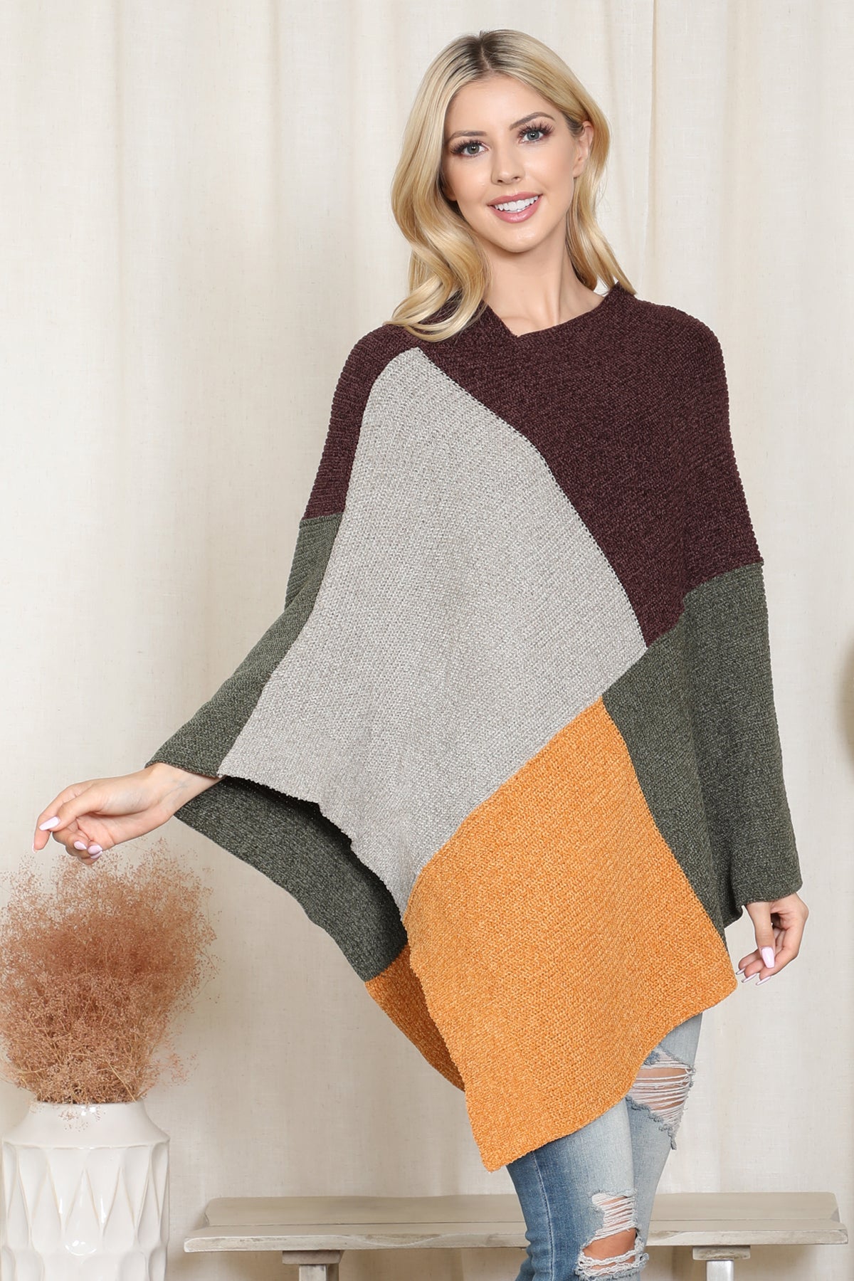 Knitted Geometric Square Multicolor Poncho