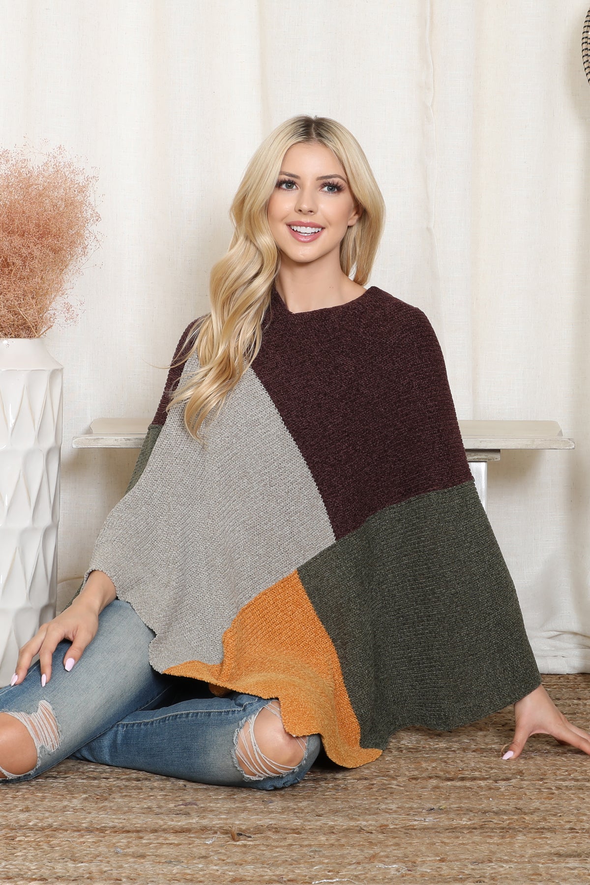 Knitted Geometric Square Multicolor Poncho
