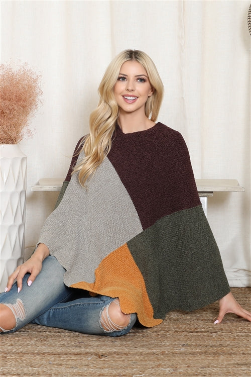 Knitted Geometric Square Multicolor Poncho / 1PCS