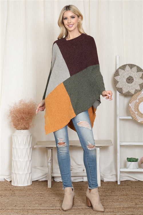 Knitted Geometric Square Multicolor Poncho / 1PCS