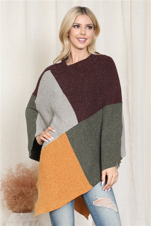 Knitted Geometric Square Multicolor Poncho / 1PCS