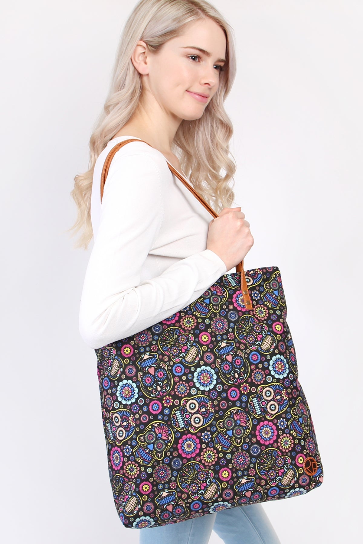 Black Skull Flower Print Tote Bag