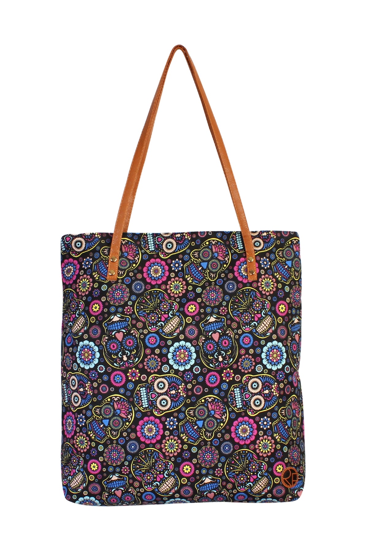 Black Skull Flower Print Tote Bag