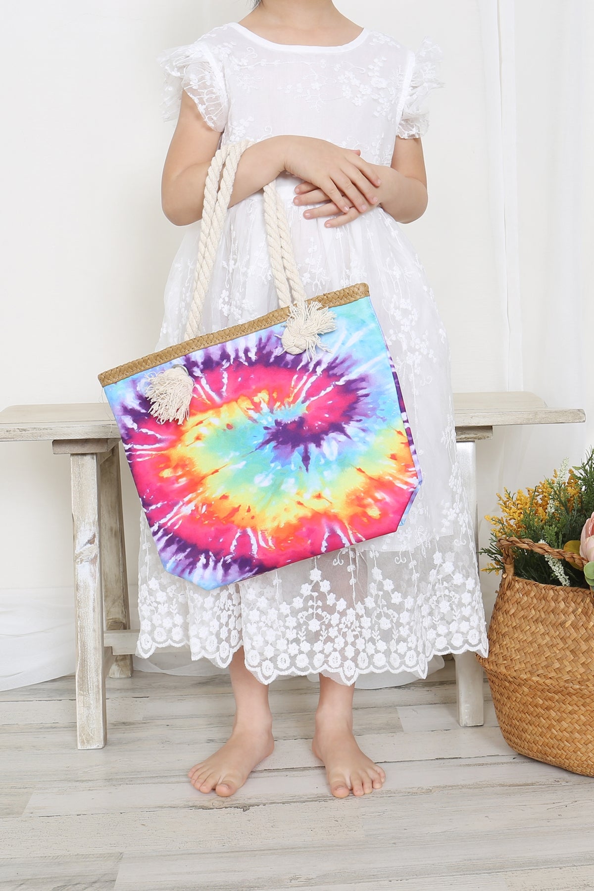 Kids Tie Dye Rope Handle Summer Tote Bag