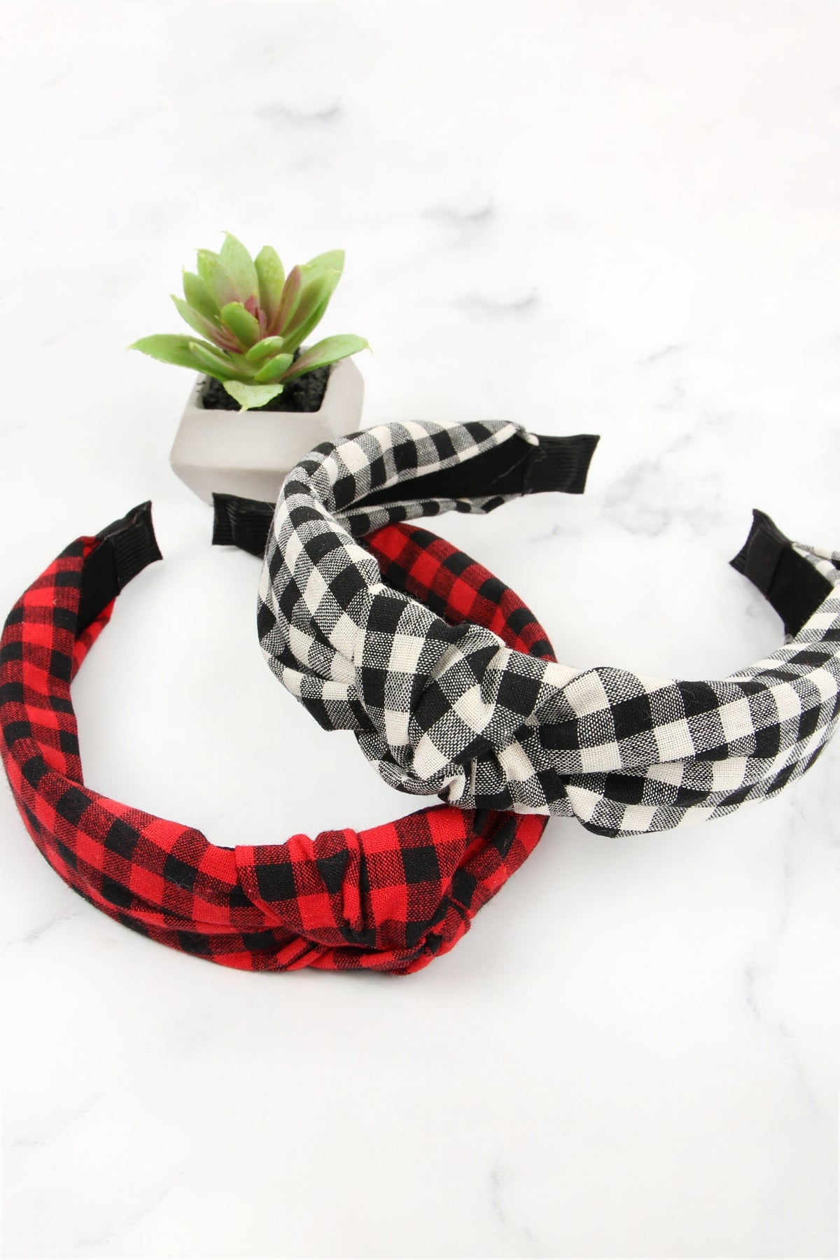 Black Plaid Knotted Fabric Coated Hair Band / 6PCS