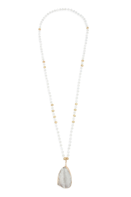 White Druzy Stone Pendant With Glass Beaded Necklace