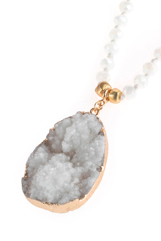 White Druzy Stone Pendant With Glass Beaded Necklace