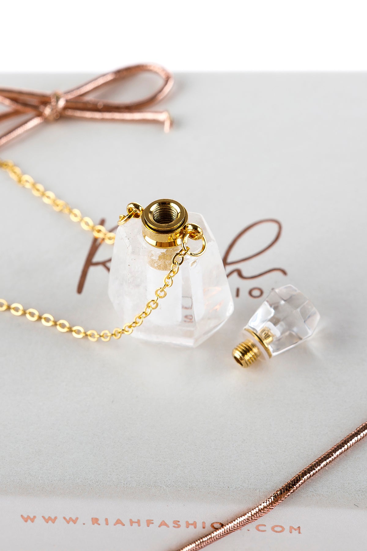 Natural Stone Rounded Crystal Perfume Necklace Bottle W/ Box