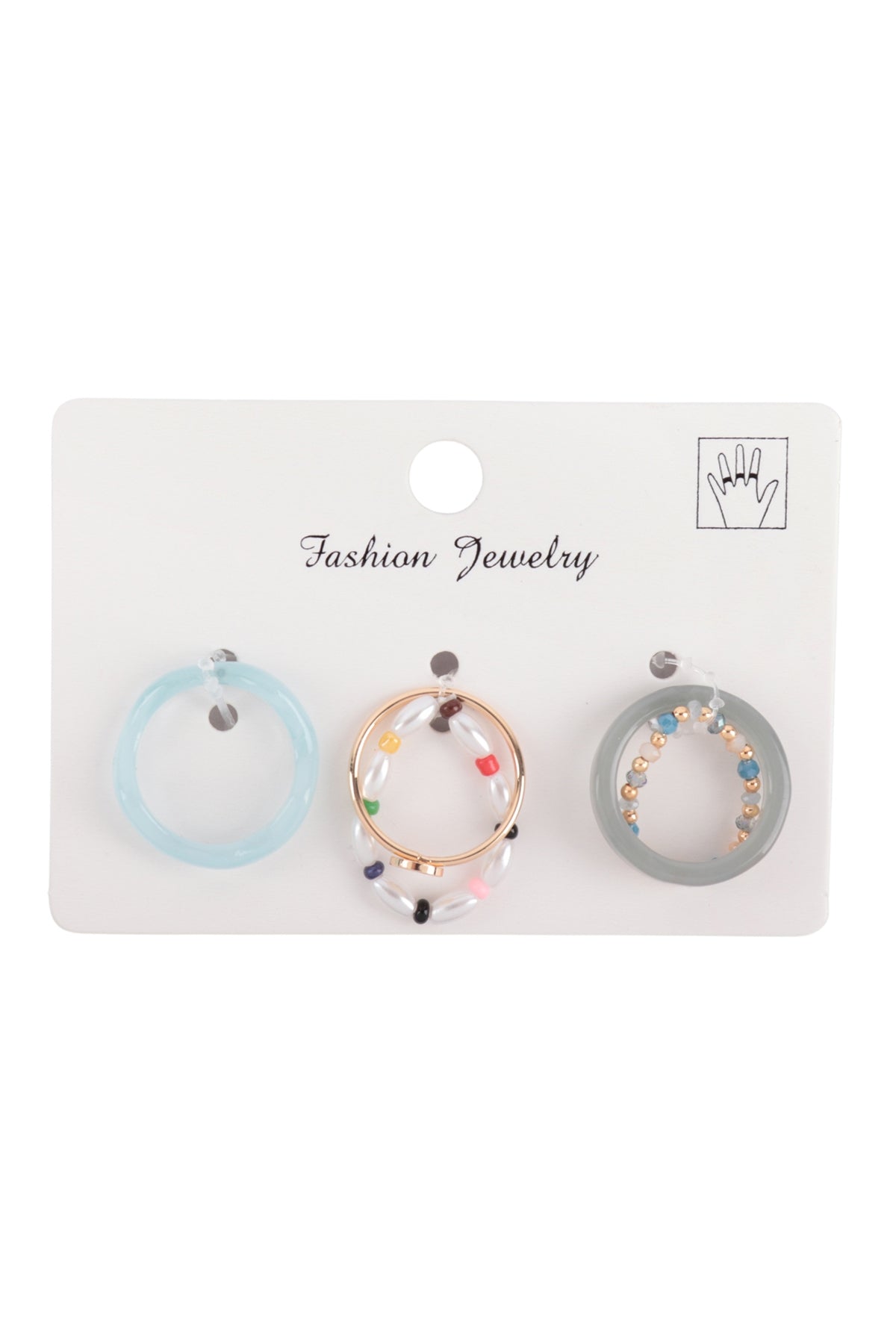 Wavy Resin Beaded Elastic Assorted 5Pcs Ring Set