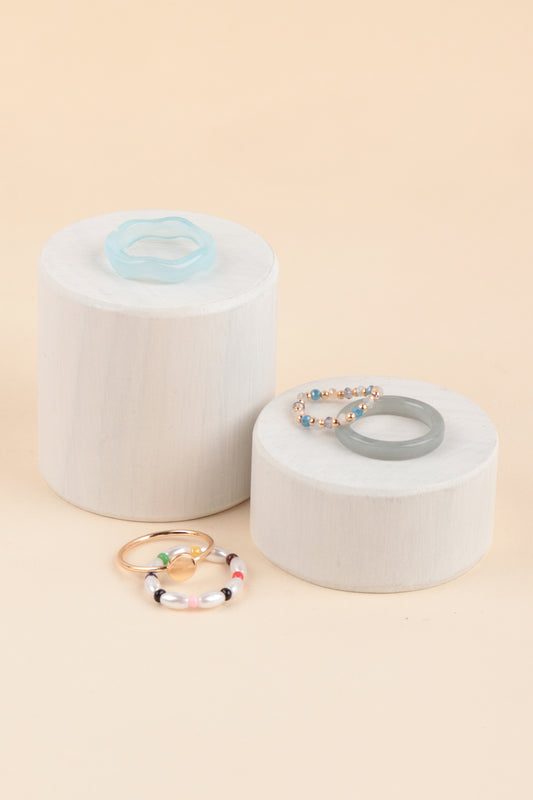 Wavy Resin Beaded Elastic Assorted 5Pcs Ring Set