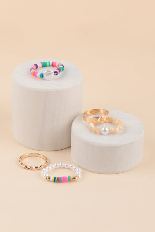 Fimo Pearl Beaded Twisted Assorted 5Pcs Ring Set