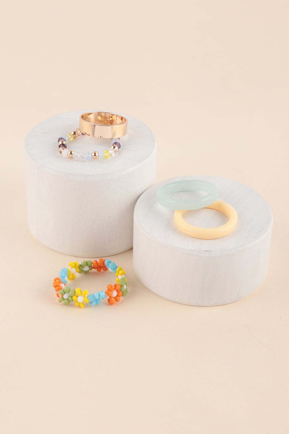 Flower Seed Bead Resin Assorted Resin 5 Pcs Ring Set