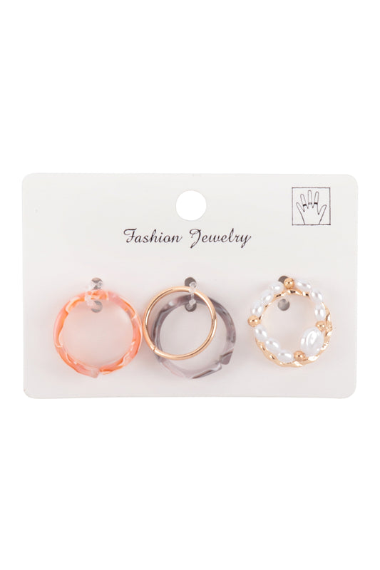 Marble Resin Twisted Beaded Pearl Assorted 5 Pcs Ring Set