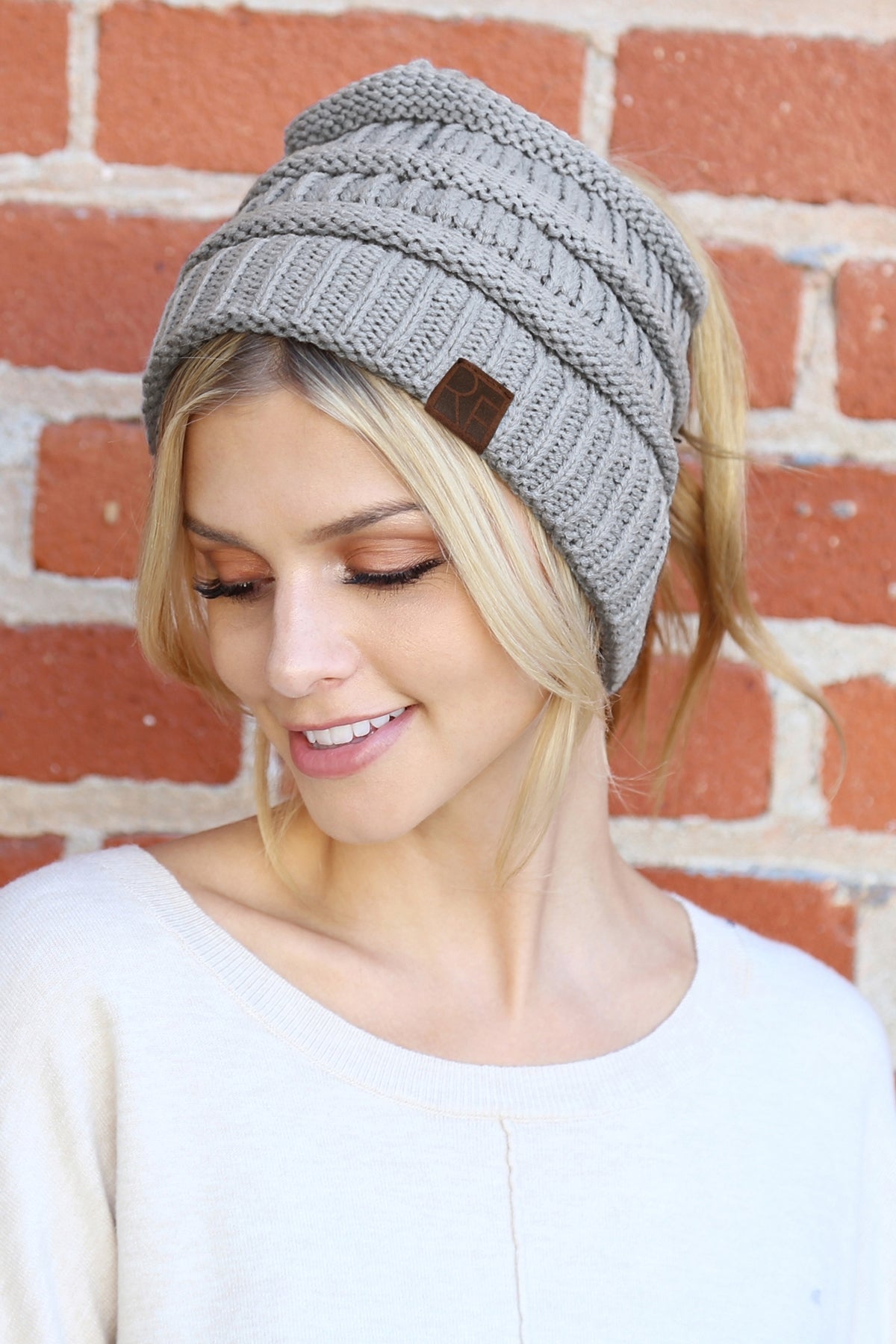 Gray Knitted Ponytail Beanie