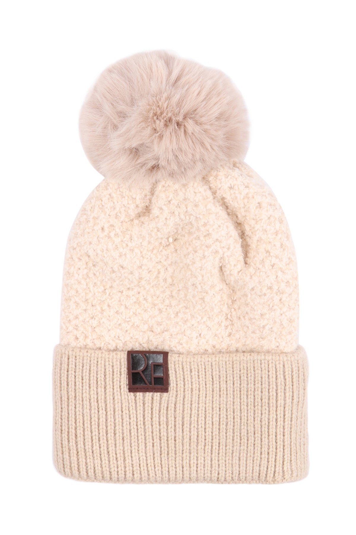 Beige Knitted Crochet Pom Beanie