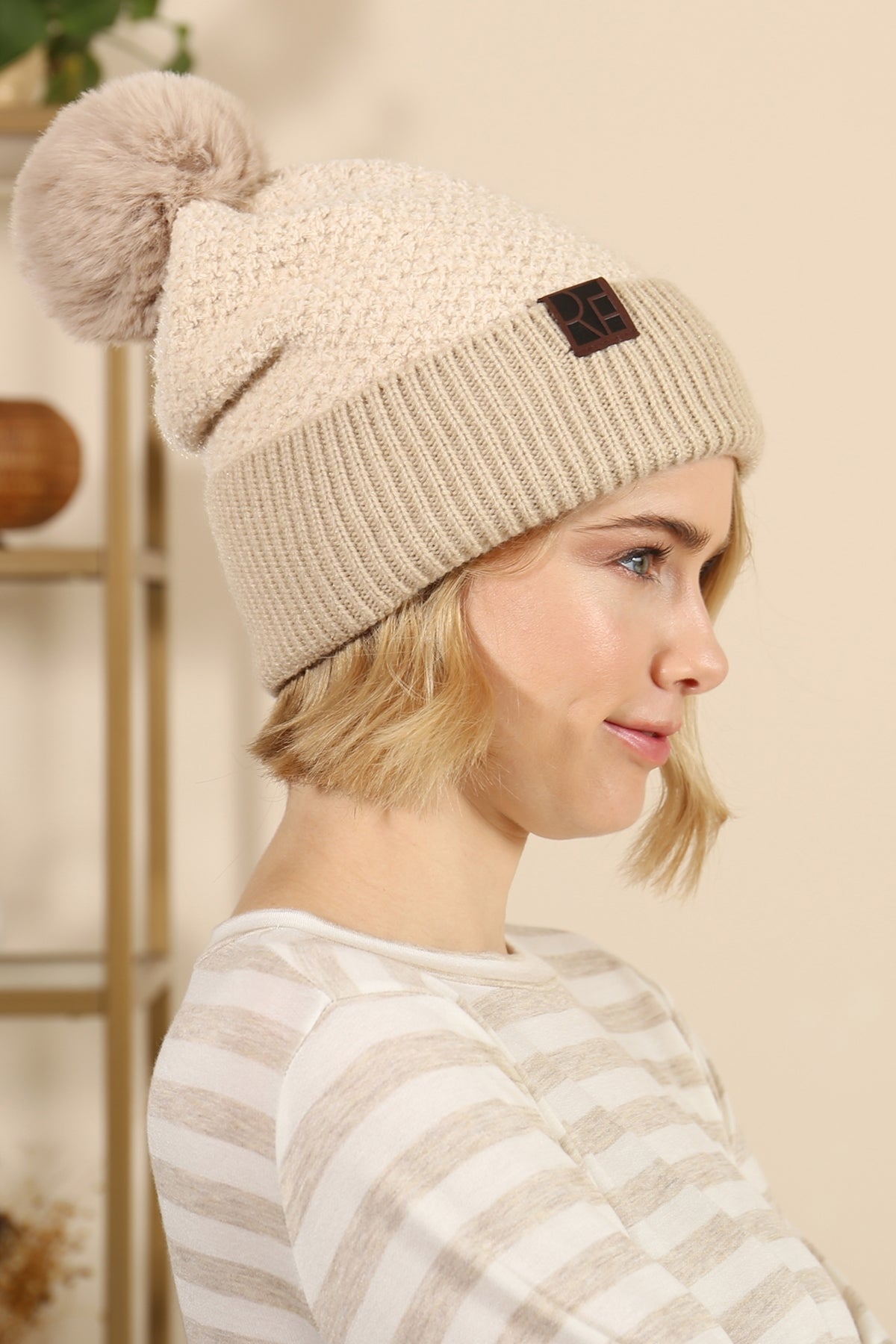 Beige Knitted Crochet Pom Beanie