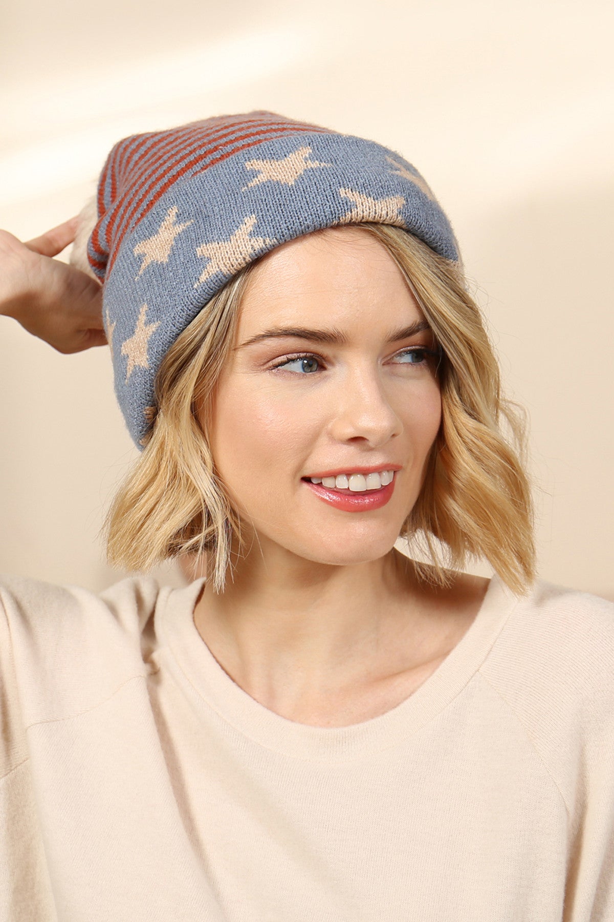 USA Accent Light Print Pom Dual Purpose Beanie