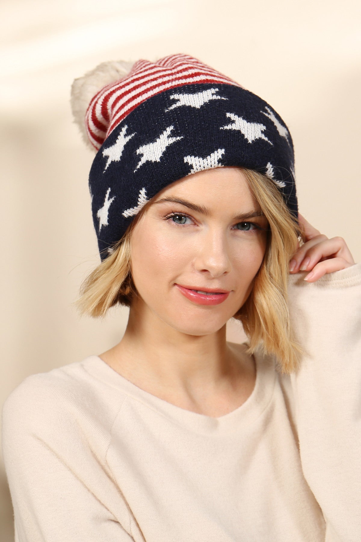 USA Accent Light Print Pom Dual Purpose Beanie
