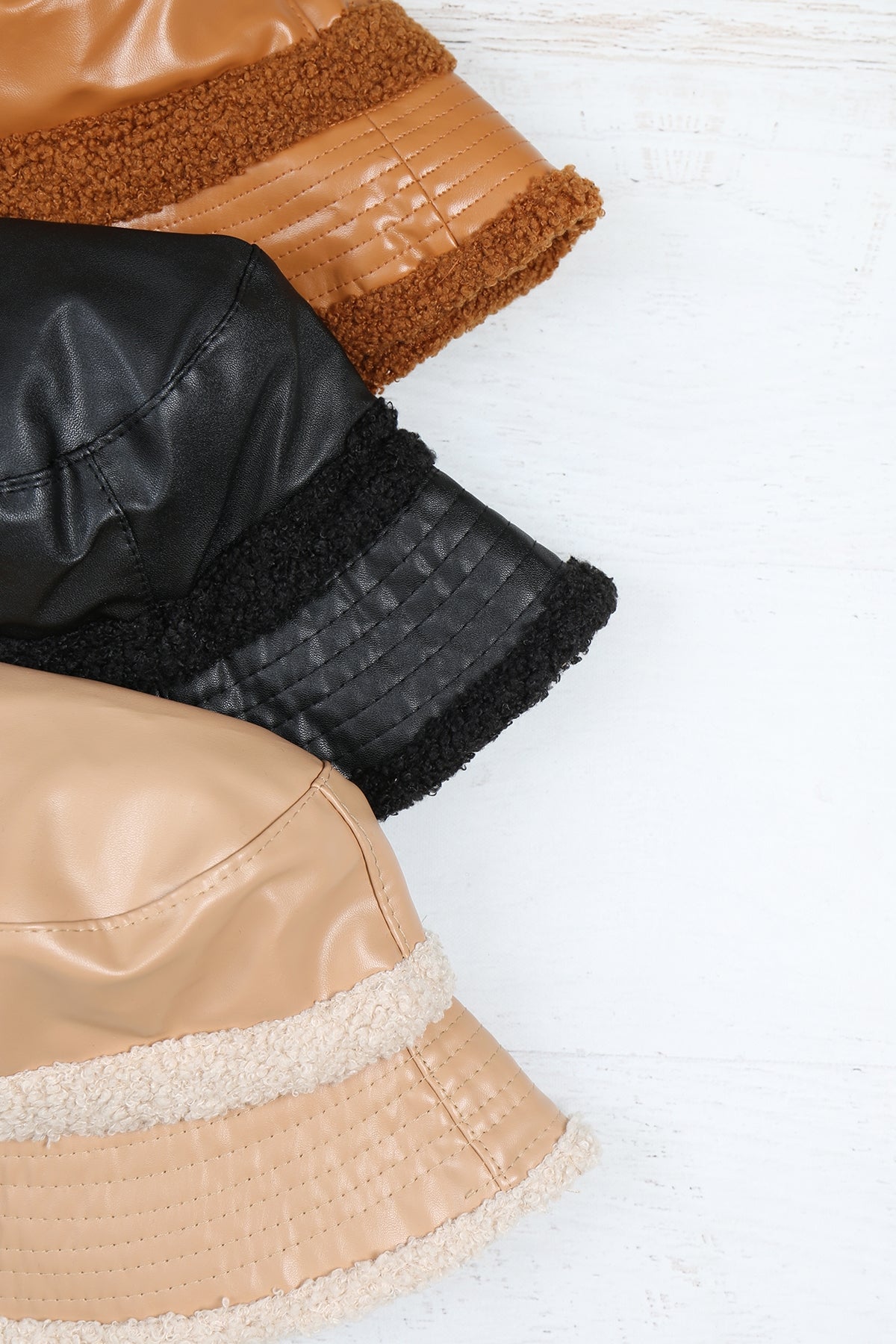 PU Leather With Fuzzy Fleece Knit Bucket Hat
