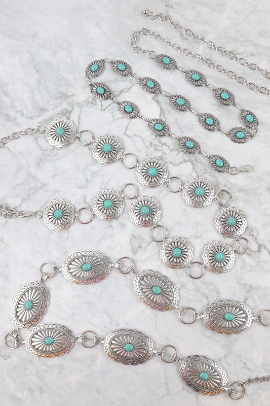 Western Concho Oval Turquoise Natural Stone Waist Chain Belt