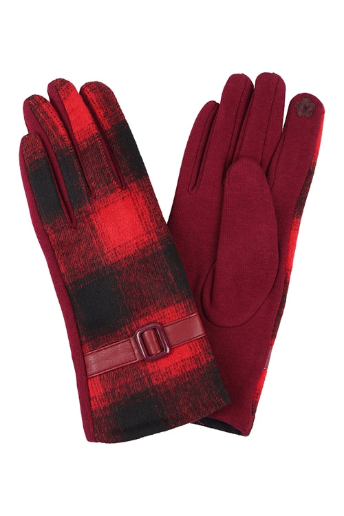 Plaid Smart Touch Gloves With Leather Strap