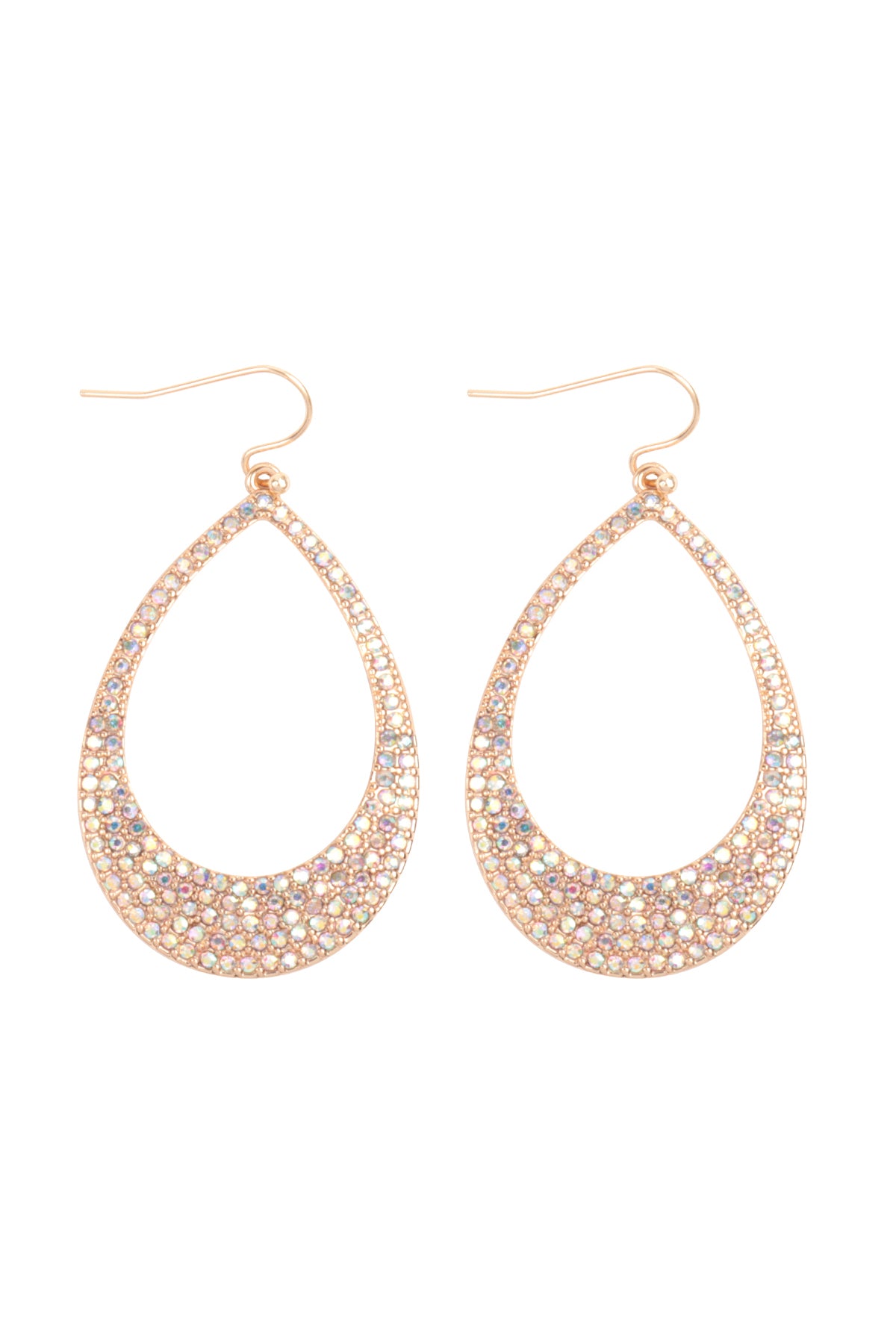 Pave Rhinestone Open Teardrop Fish Hook Earrings Gold