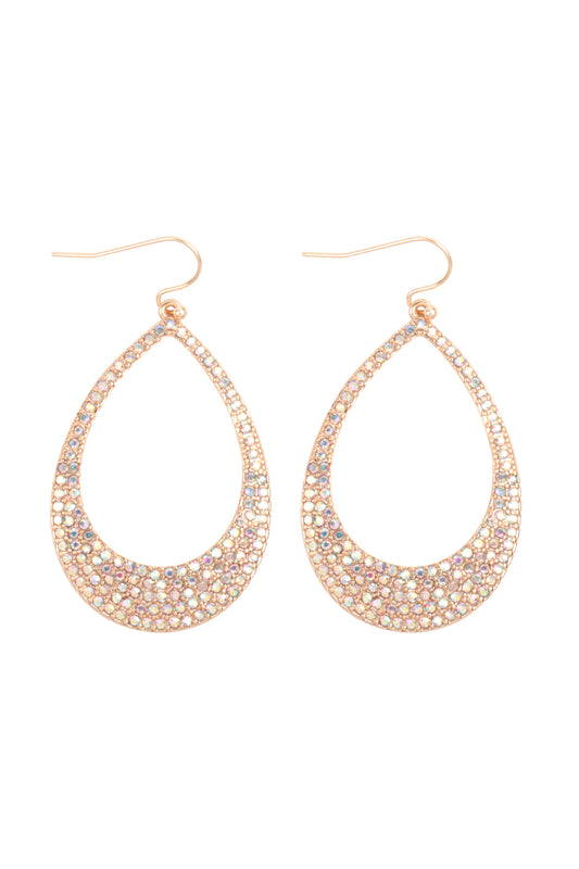 Pave Rhinestone Open Teardrop Fish Hook Earrings Gold