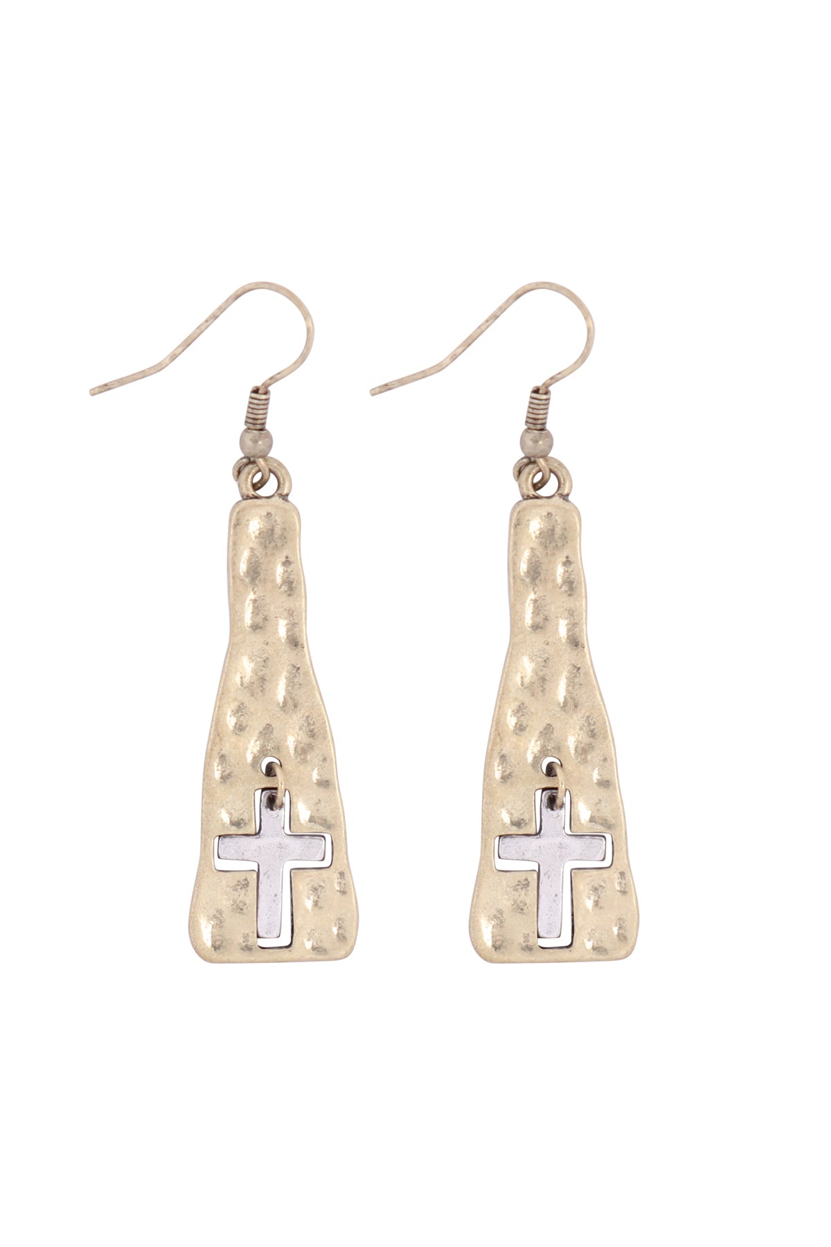 Dangling Cross Cast Fish Hook Earrings Gold Burnish Silver Burnish