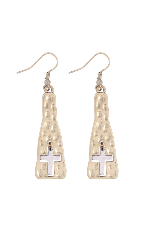 Dangling Cross Cast Fish Hook Earrings Gold Burnish Silver Burnish