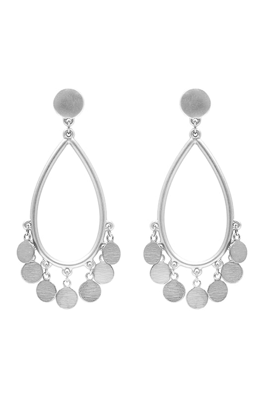 Teardrop Chandelier Disk Posr Earrings Matte SIlver
