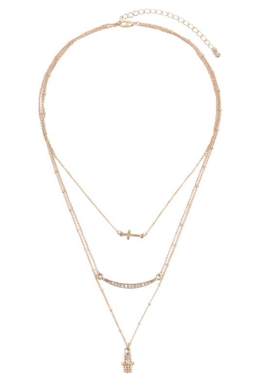 Hamsa Hand Evil Eye With Cross Pendant Layered Necklace
