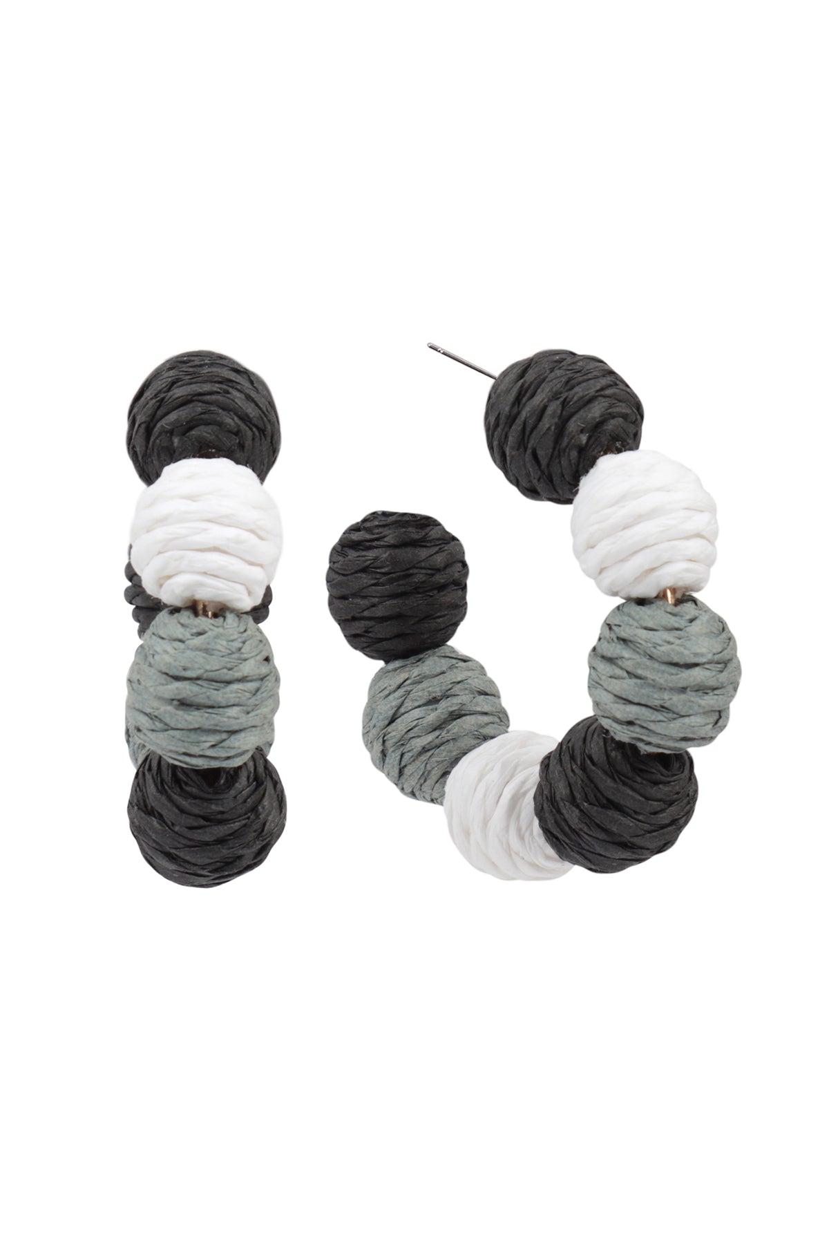 Color Blocked Raffia Ball Hoop Earrings Black And White
