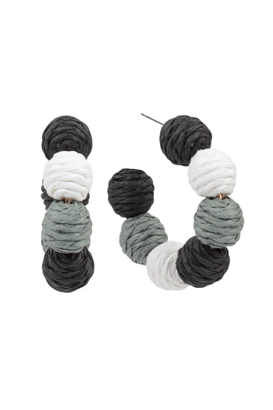 Color Blocked Raffia Ball Hoop Earrings Black And White