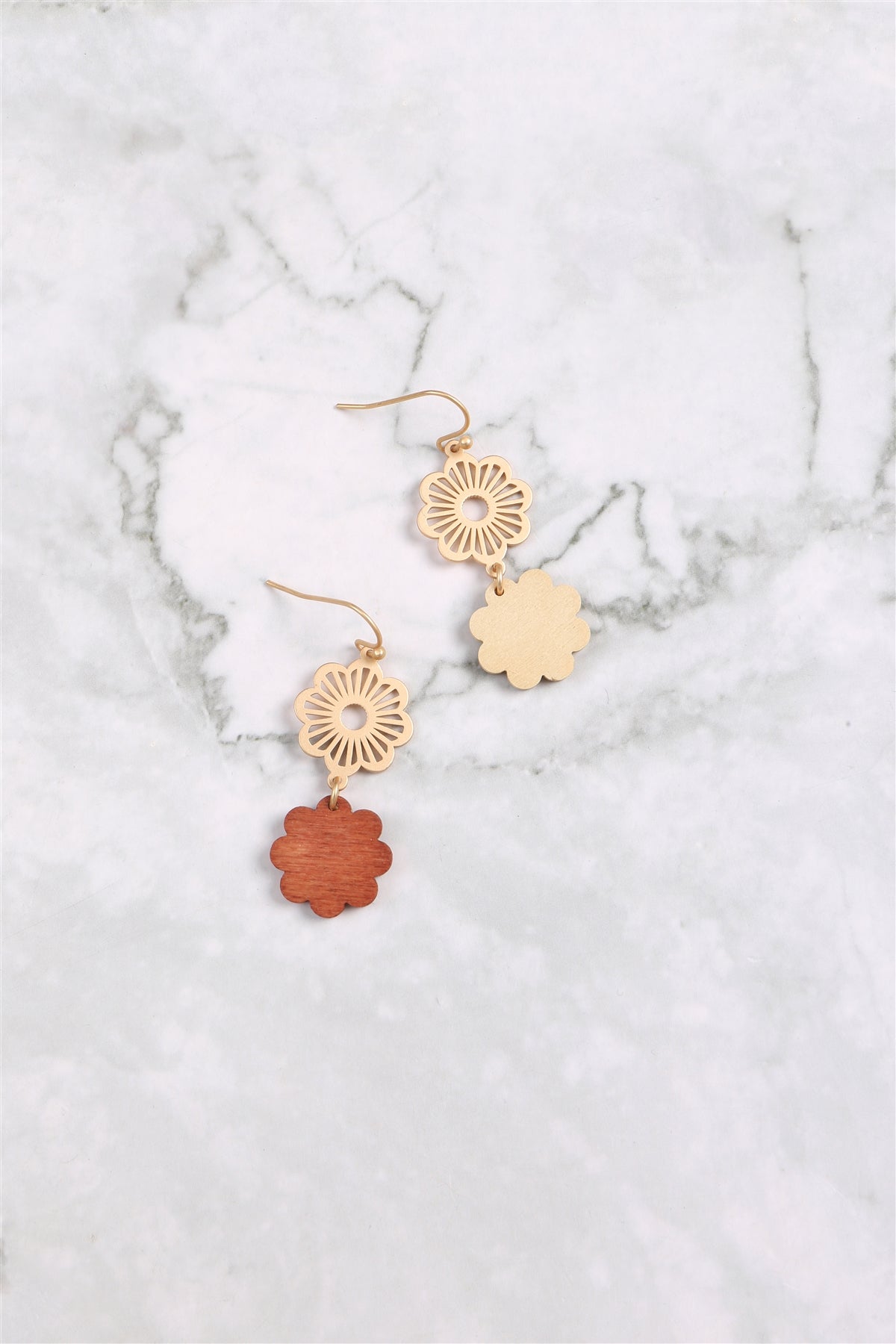 Flower Metal Wood Drop Fish Hook Earrings
