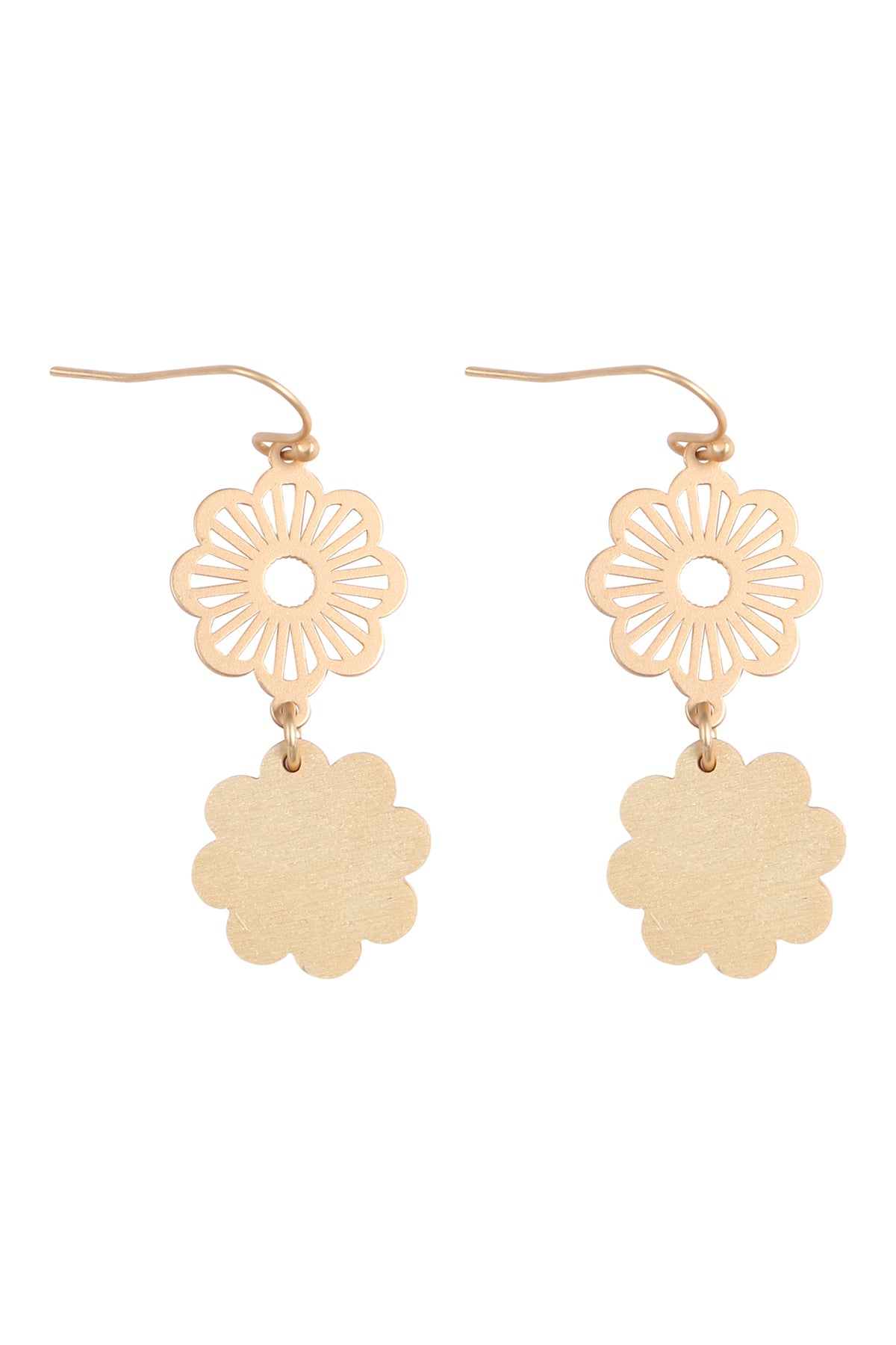 Flower Metal Wood Drop Fish Hook Earrings