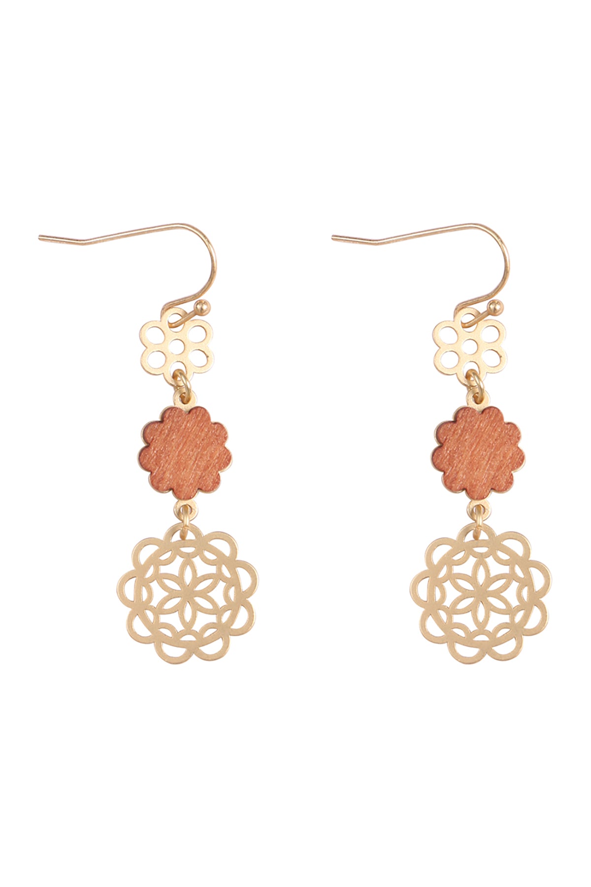 Moroccan Flower Wood Metal Drop Link Earrings Brown