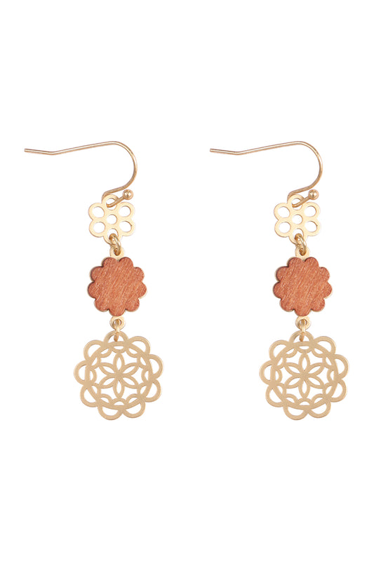 Moroccan Flower Wood Metal Drop Link Earrings