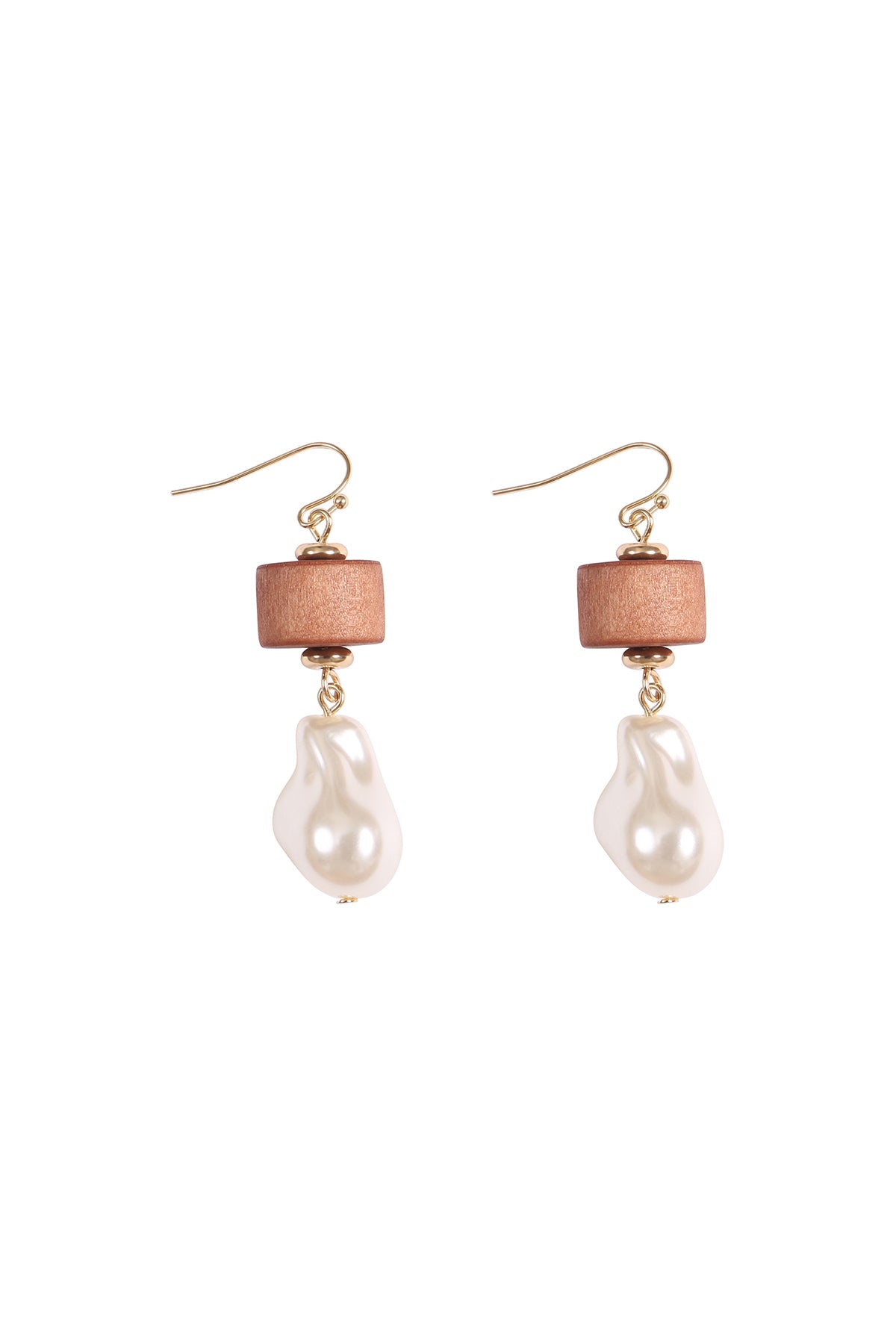 Wood, Fresh Water Pearl Drop Fish Hook Earrings