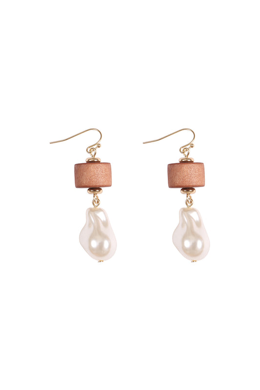 Wood, Fresh Water Pearl Drop Fish Hook Earrings