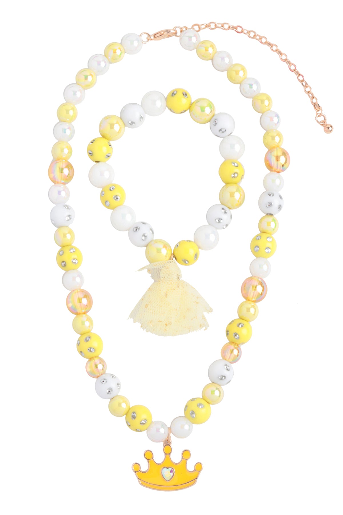 Crown Glass Beads Rhinestone Jewelry 14" Necklace and 6.25" Bracelet Set