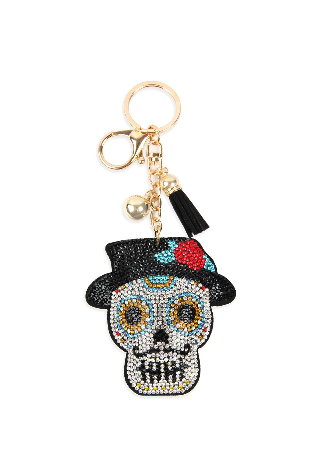 Sugar Skull with Hat Tassel Rhinestone Keychain