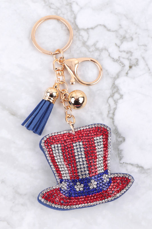 USA Patriotic Hat Rhinestone Tassel Keychain
