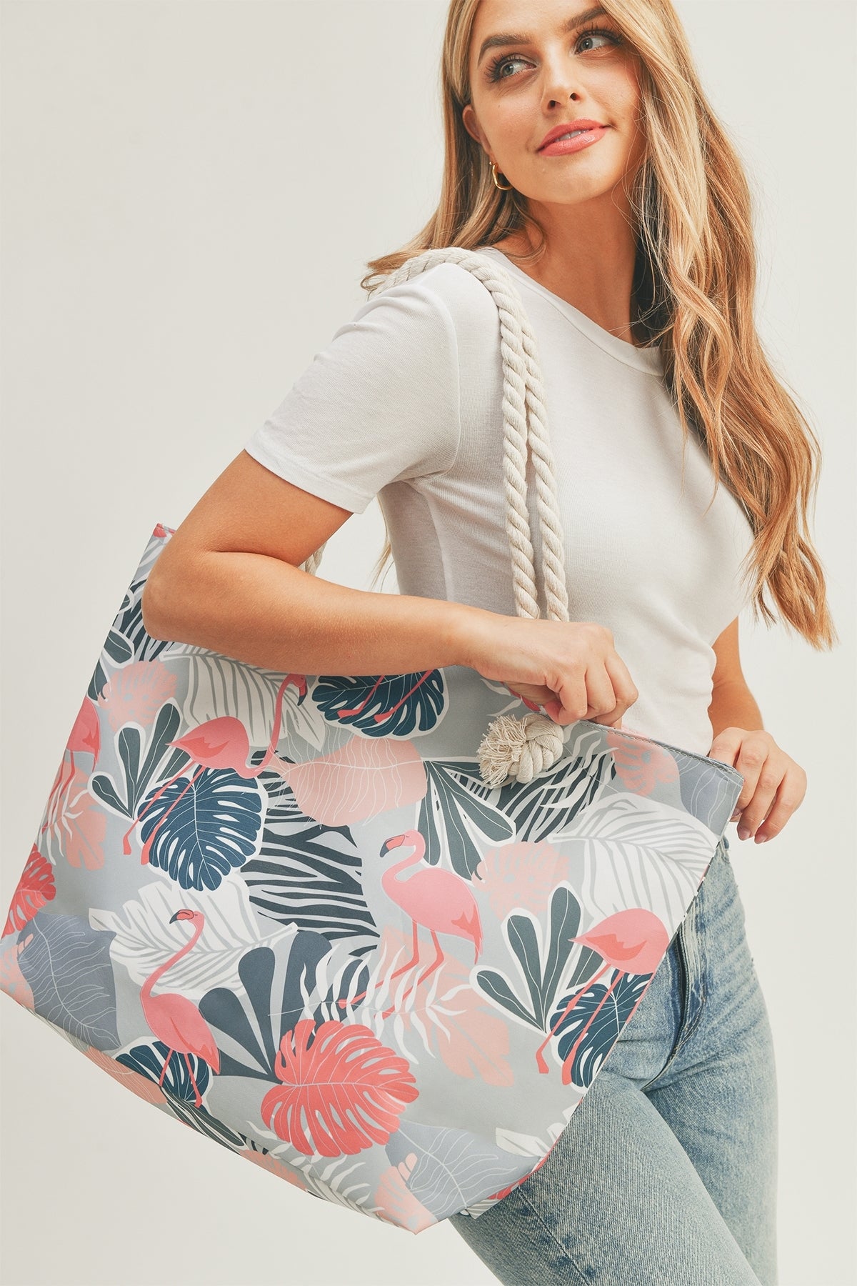Flamingo Tropical Leaves Tote Bag With Rope Handles