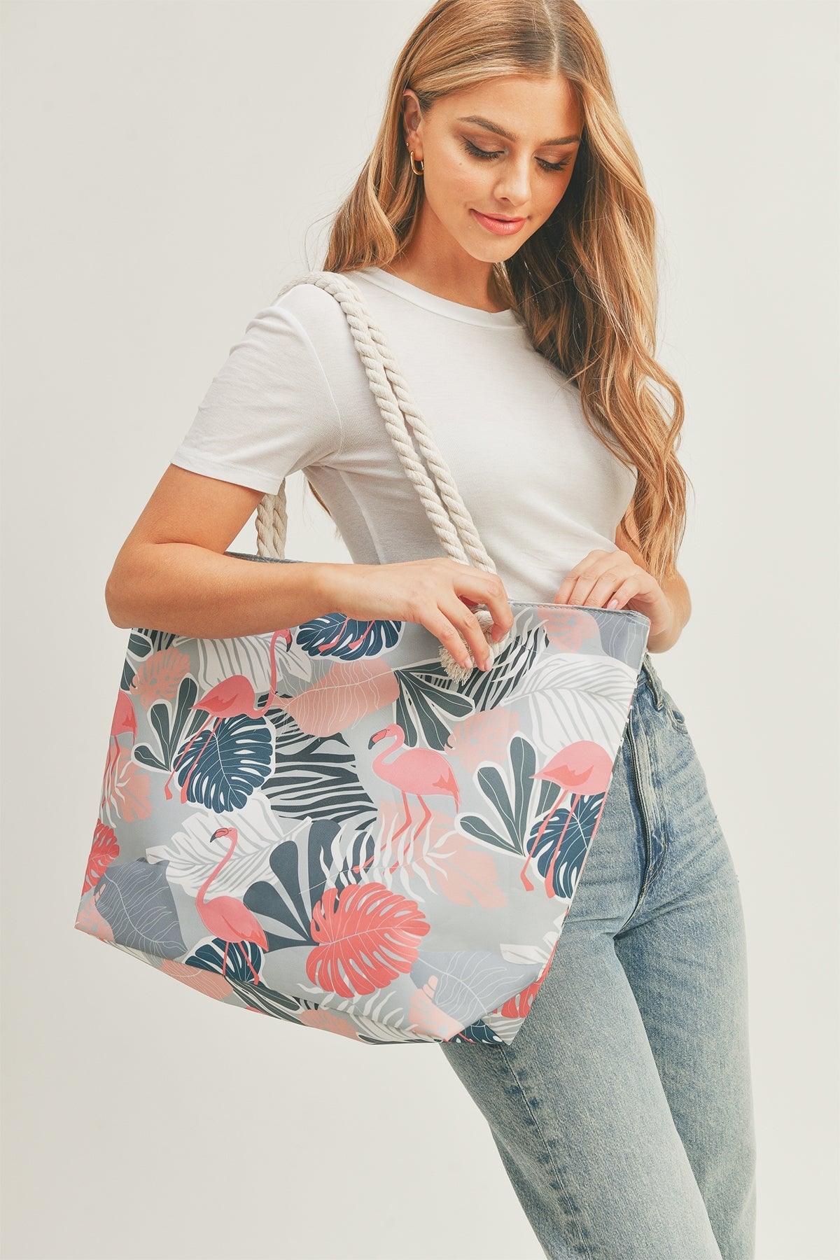 Flamingo Tropical Leaves Tote Bag With Rope Handles