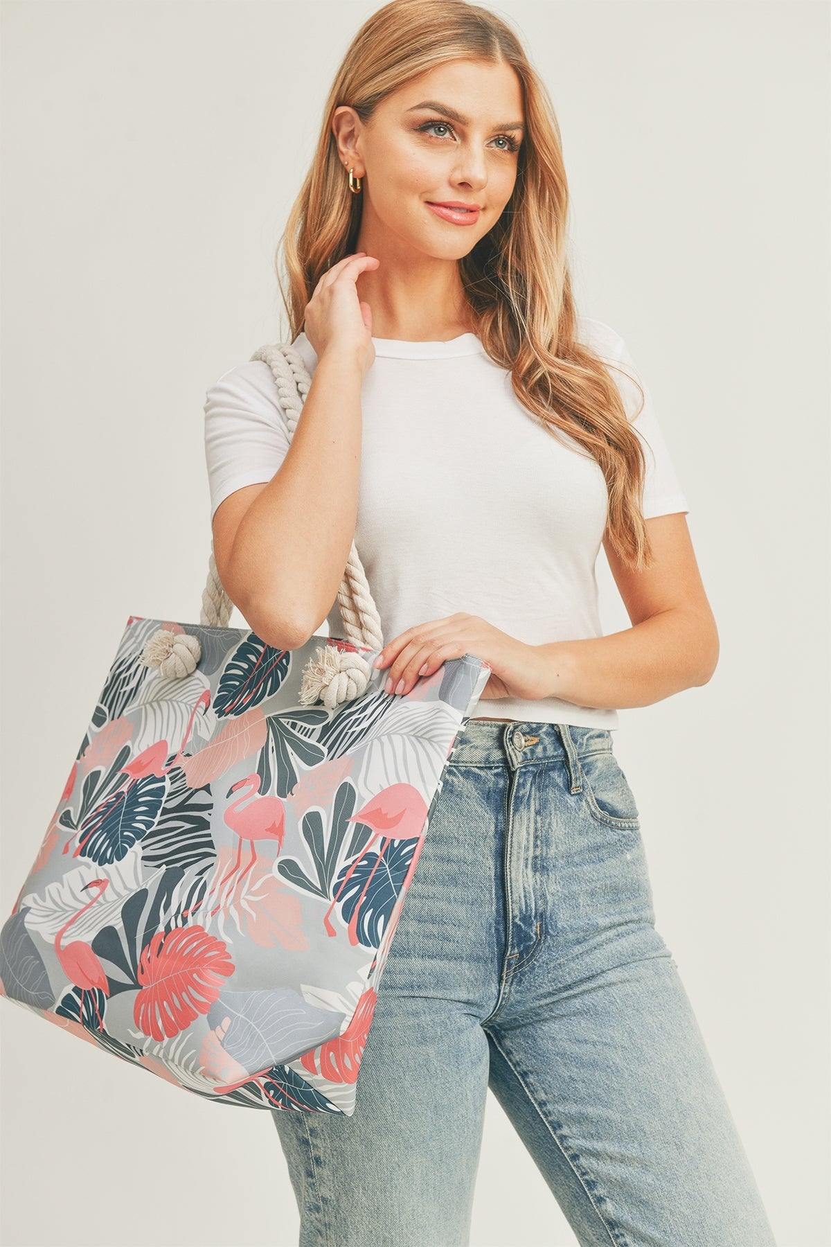 Flamingo Tropical Leaves Tote Bag With Rope Handles