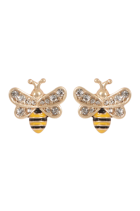 Bee Shape With Rhinestone Stud Earrings Gold