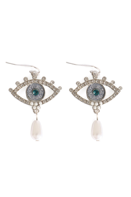 Evil Eye Pave Sand Sticker Pearl Hook Earrings Silver