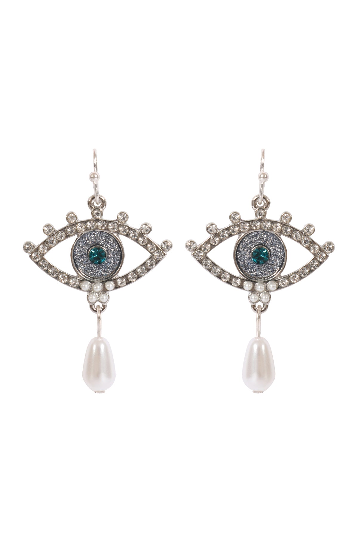 Evil Eye Pave Sand Sticker Pearl Hook Earrings Silver